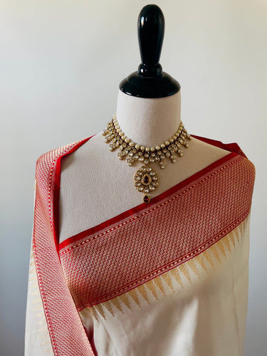 Banarasi Katan Silk Saree | Kadwa weave | Off White & Red | Gold and Silver Zari | Handwoven | Silk Mark Certified | Ships from California